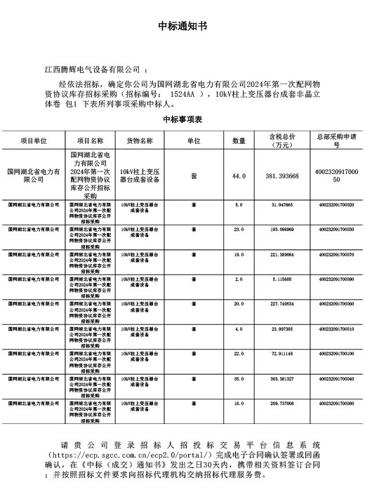 国网湖北省电力有限公司2024-年第一次配网物资【1524AA】中标通知书